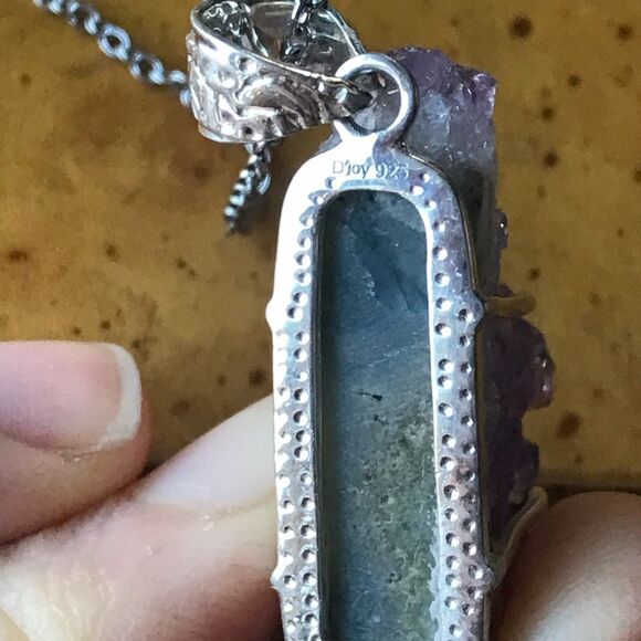 African Amethyst Geode Sterling Silver Stainless Steel Pendant Necklace - Picture 5 of 7